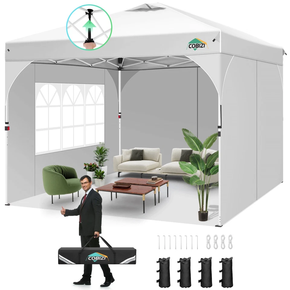 COBIZI Pavillon 3x3 Wasserdicht Partyzelt Gartenpavillon mit 3 Seitenteilen Weiß