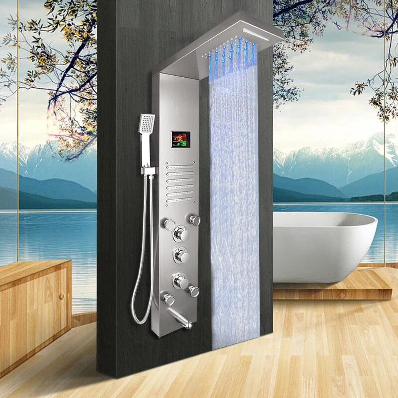 Bathroom Wall Mount Brushed Massage Jets Shower Panel LED Digital