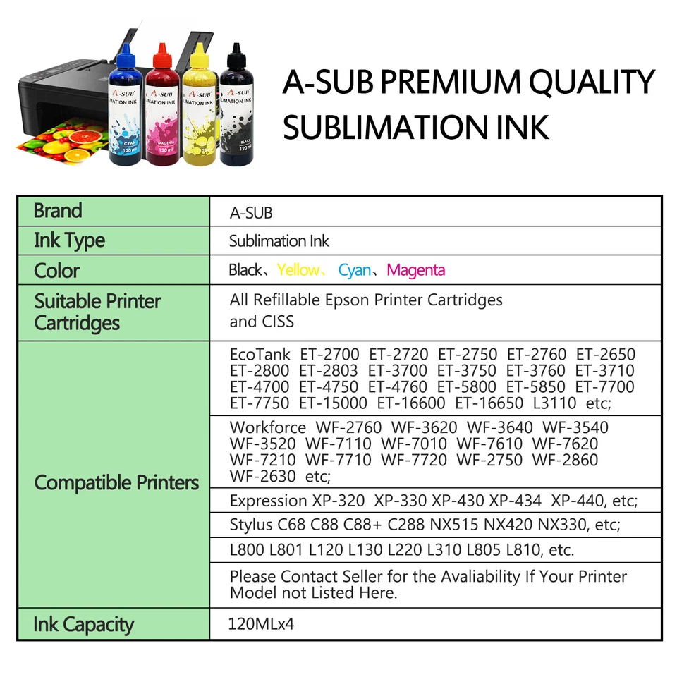 960ML Bulk A-SUB Sublimation Ink for All Inkjet ET-2720 2760 4800 2800 2803 2400 - Image 2 of 4