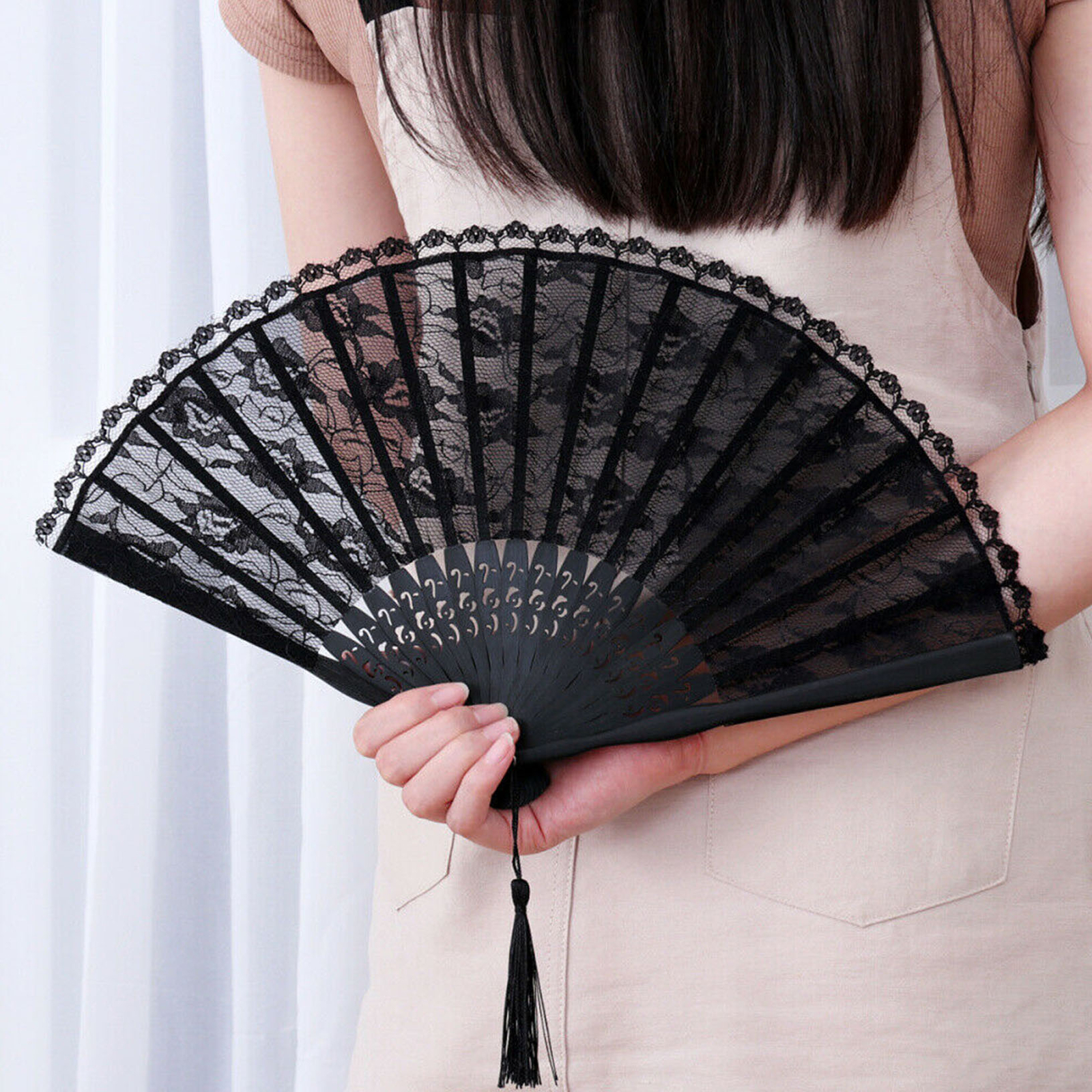 Abanico de Encaje Práctico Creativo Borla Plegable Ventilador Portátil