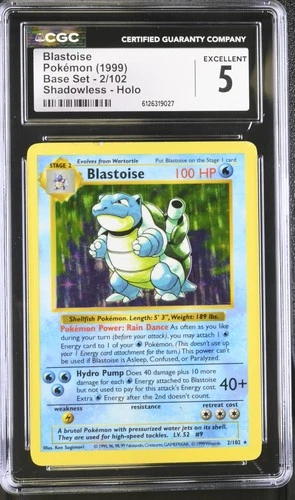 CGC 5 Blastoise 1999 Base Set 2/102 Shadowless Holo Pokemon Card