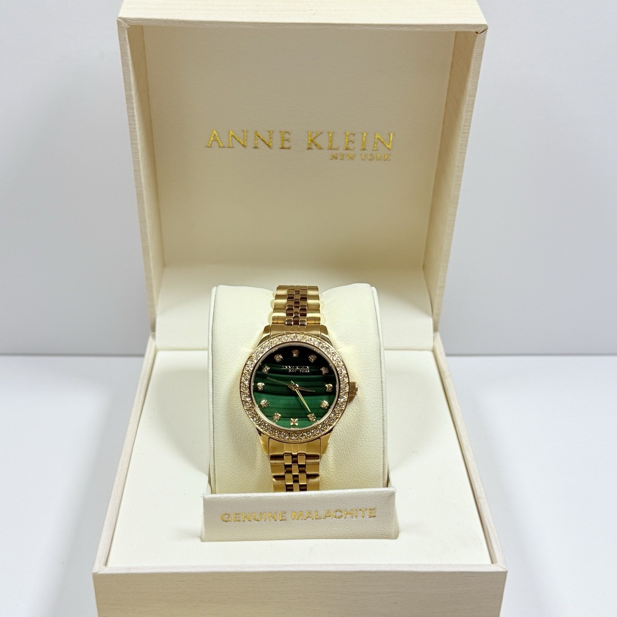 Anne Klein Malachite Crystal Gold Watch 12/7784MAGB New Box Papers Anne Klein New York 12-7784MAGB Crystal Malachite Dial  main image 3