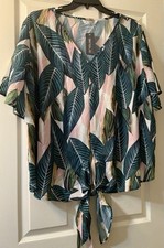 Blusa donna In’Voland scollo a V verde, bianca, rosa e foglie marroni taglia 22W nuova con etichetta