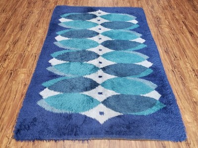 Blue Rya Rug Mid-Century 1960s Danish Shag Rug 4.6 x 6.7 Modern Vintage Carpet