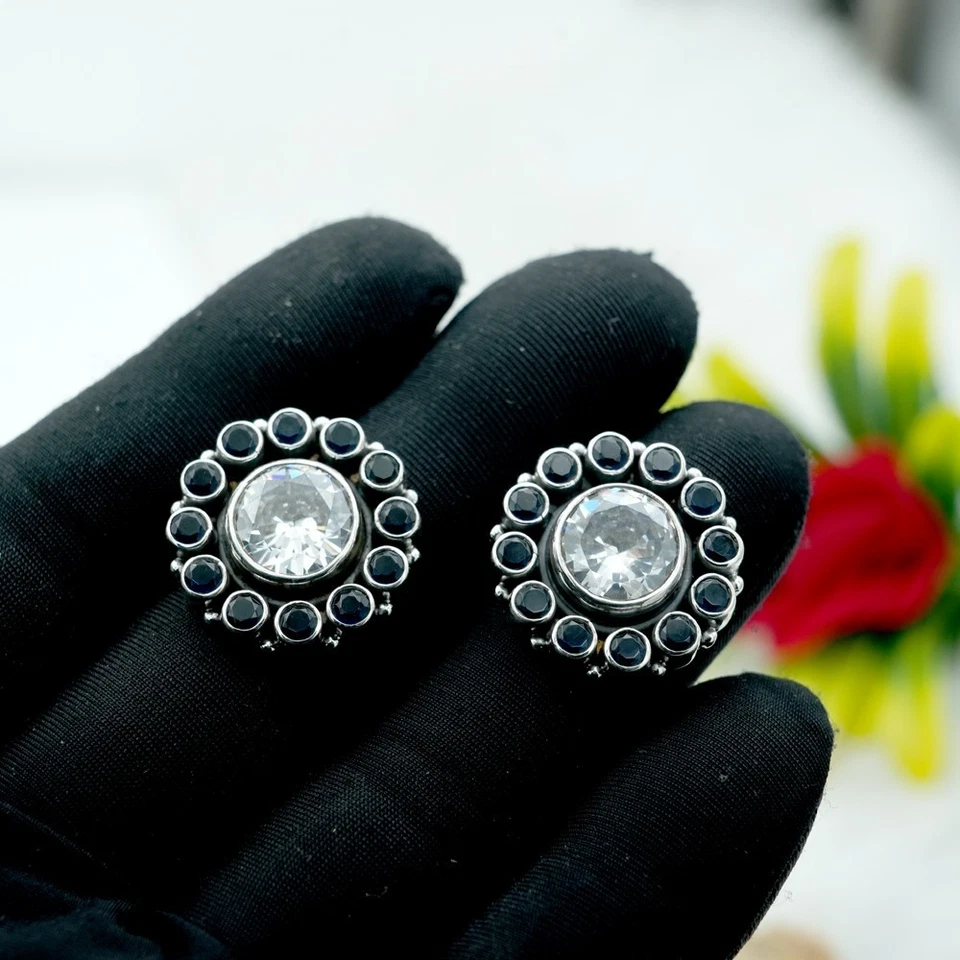 Sapphire & Cubic Zirconia Round Flower Stud Earring 925 Sterling Silver Jewelry - Image 4 of 4