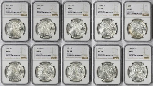 Lot 10 Coins Different Date Morgan Dollar $1 MS 64 NGC