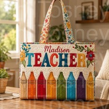 Personalized Teacher Quilted Tote Bag, Custom Name Teacher Shoulder Bag, Crayon 