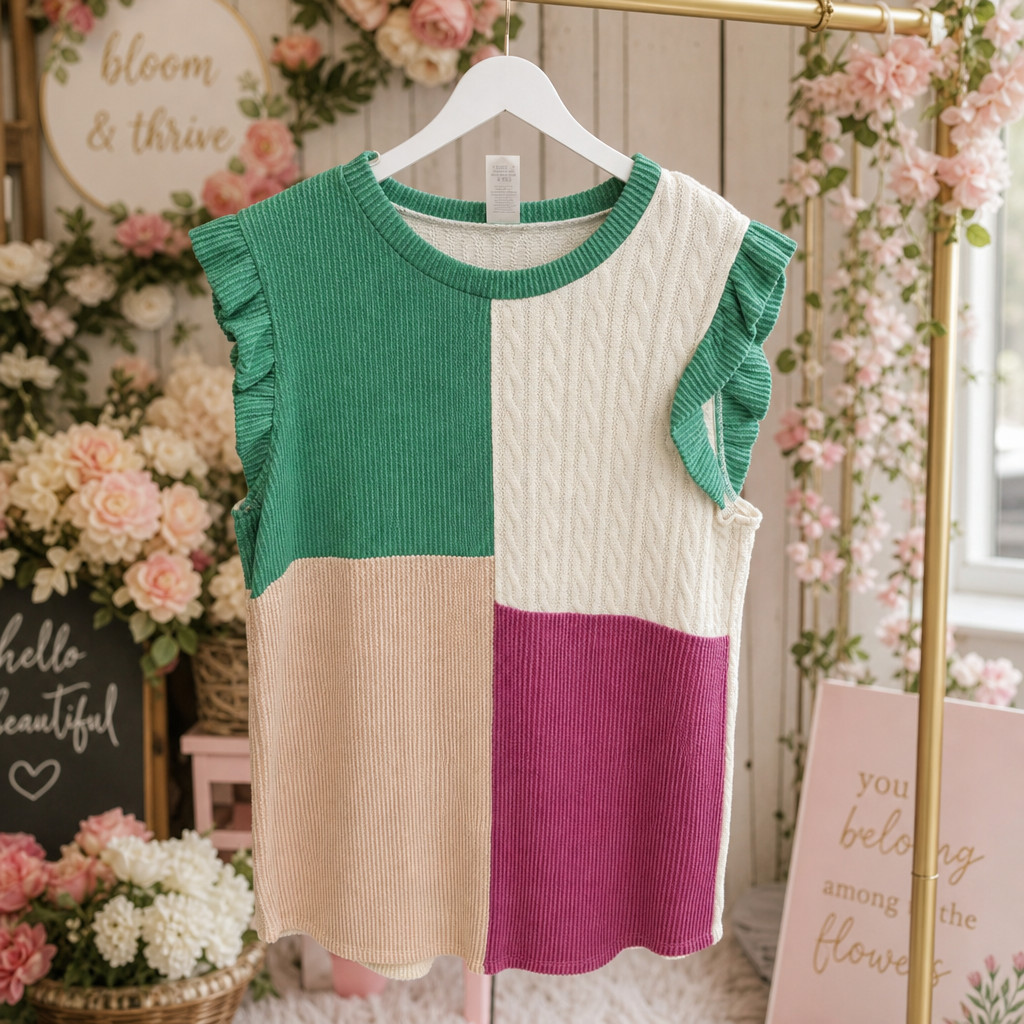 Women's size Large Color Block knit sleeveless top Green Cream Beige Magneta