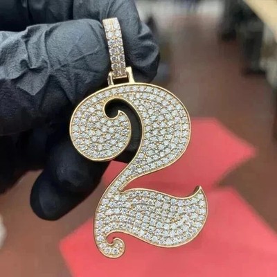 2.30Ct Round Cut Real Moissanite Custom 2 Number Pendant 14K Yellow Gold plated