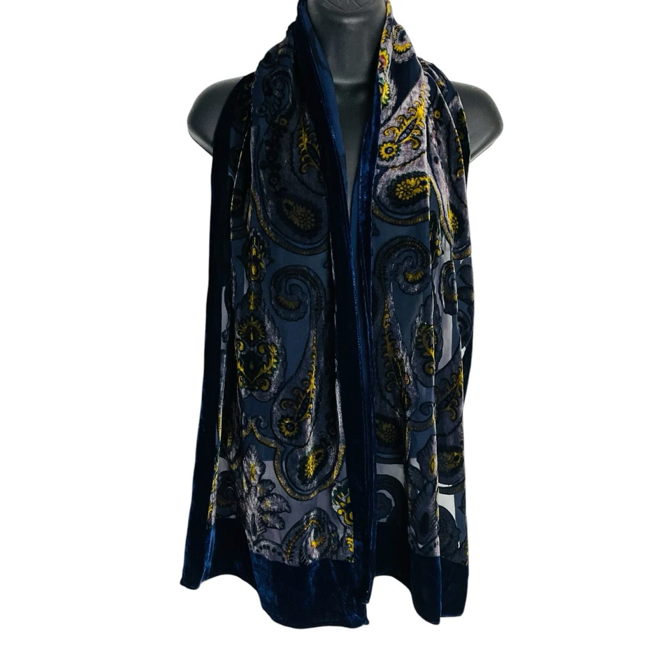 Bufanda de terciopelo de seda Burnout azul dorado cachemira rectangular 13"x64" arte para usar Foto 2 de 4