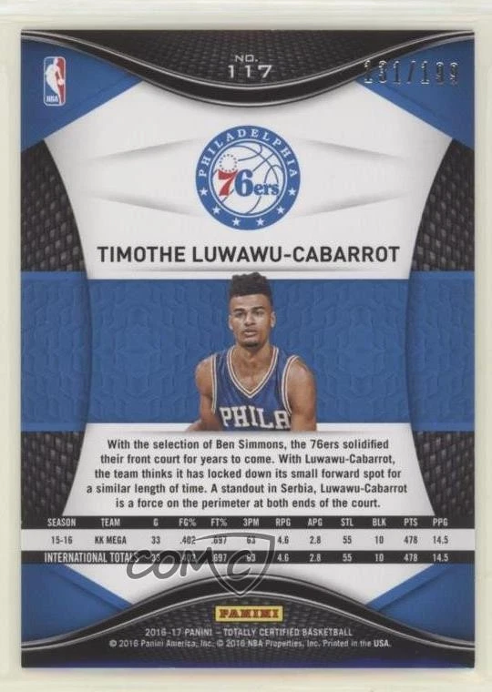 2016 Panini Totally Certified Rookies Red /199 Timothe Luwawu-Cabarrot Rookie RC - Image 2 of 2