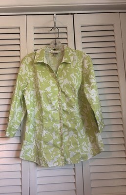 Christopher & Banks Lime Green White Floral Cotton Collared Button-Up 3/4 M