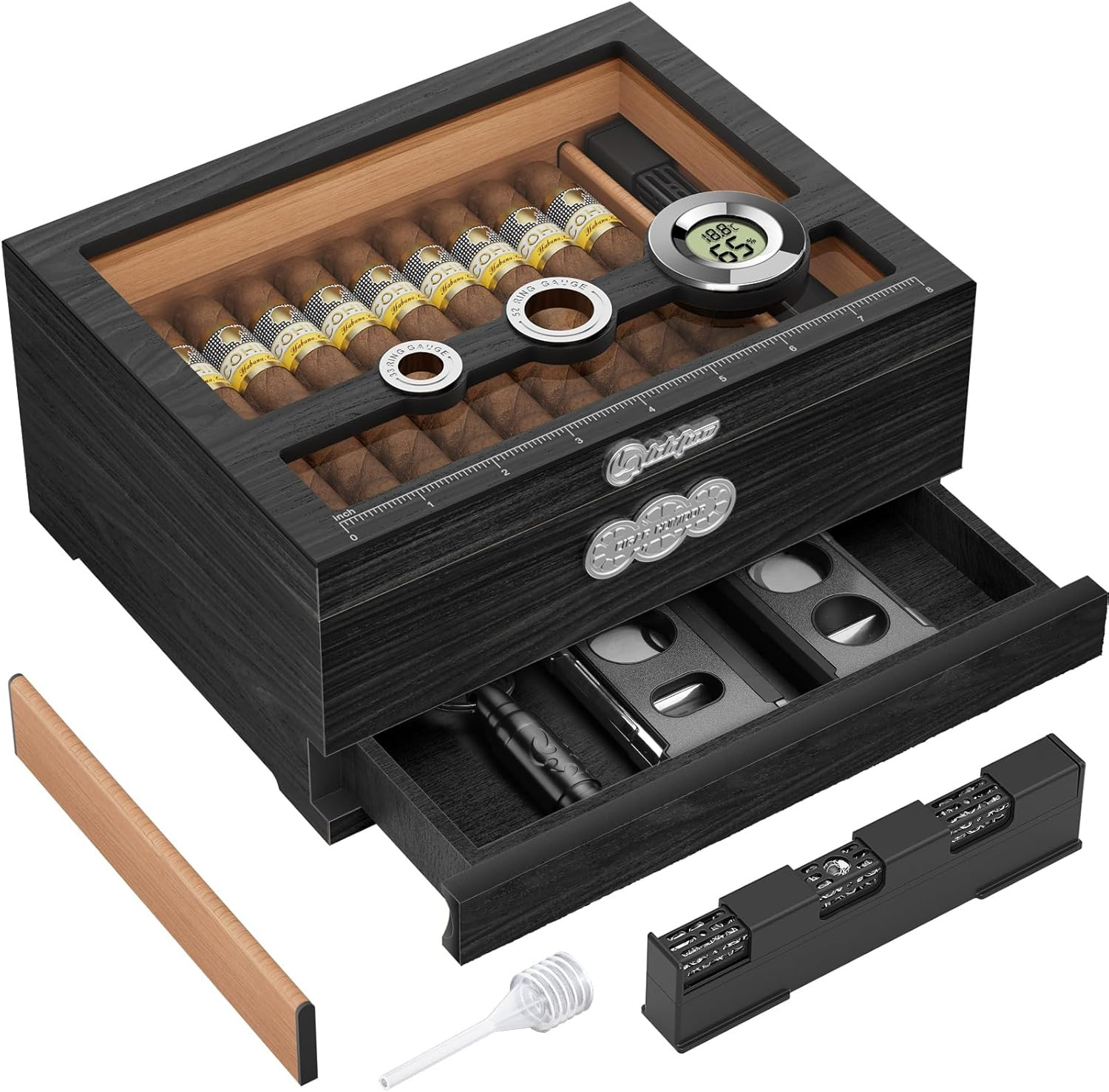Cedar Wood Cigar Humidor Glass Top Desktop Box Digital Hygrometer Humidifier