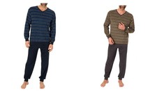 Herren Frottee Pyjama, V-Ausschnitt, Langarm, Ringel, Uni Hose, B&uuml;ndchen, 74452