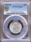 1954-D WASHINGTON QUARTER PCGS MS65 - 90% SILVER