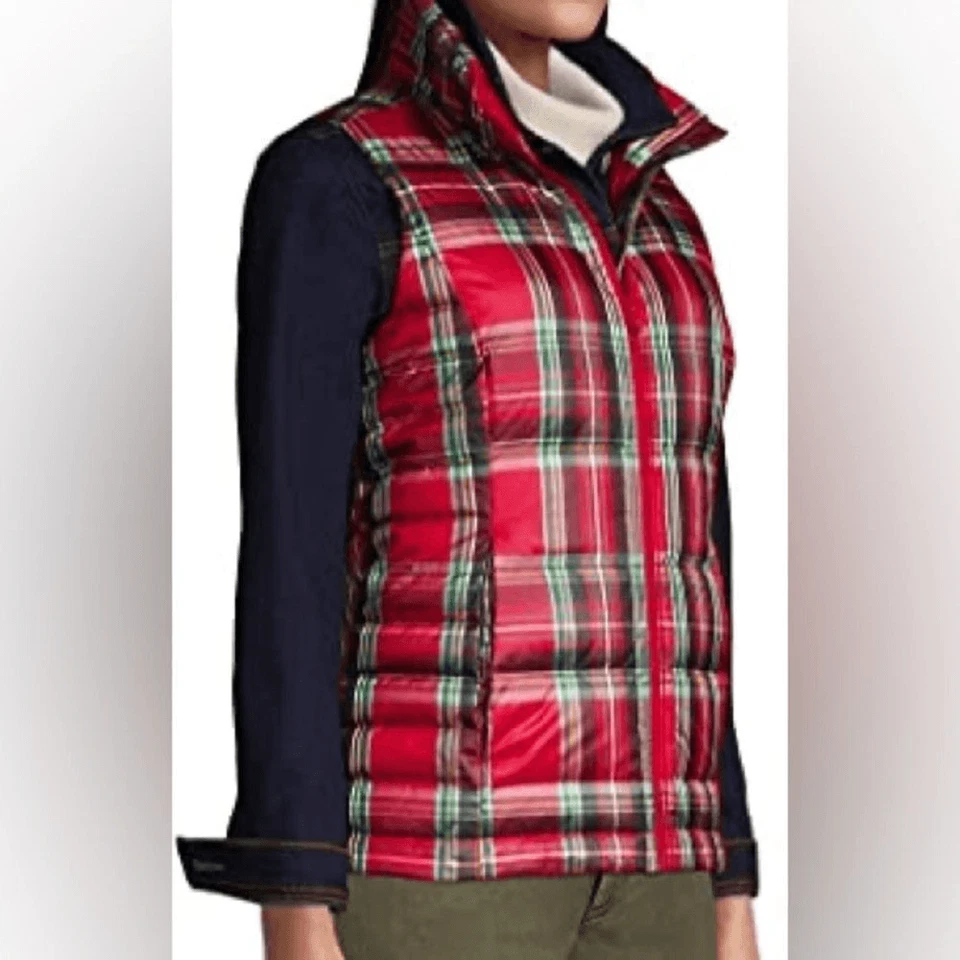 Lands End Acolchado Puffer Rojo Azul Cuadros Plumón Relleno Invierno Chaleco Niñas M 10/12 Foto 3 de 4