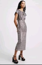 FRENCH CONNECTION Ladies MIDI DRESS Adalynn Sequin Gunmetal Silver PartyUK 6 -8 