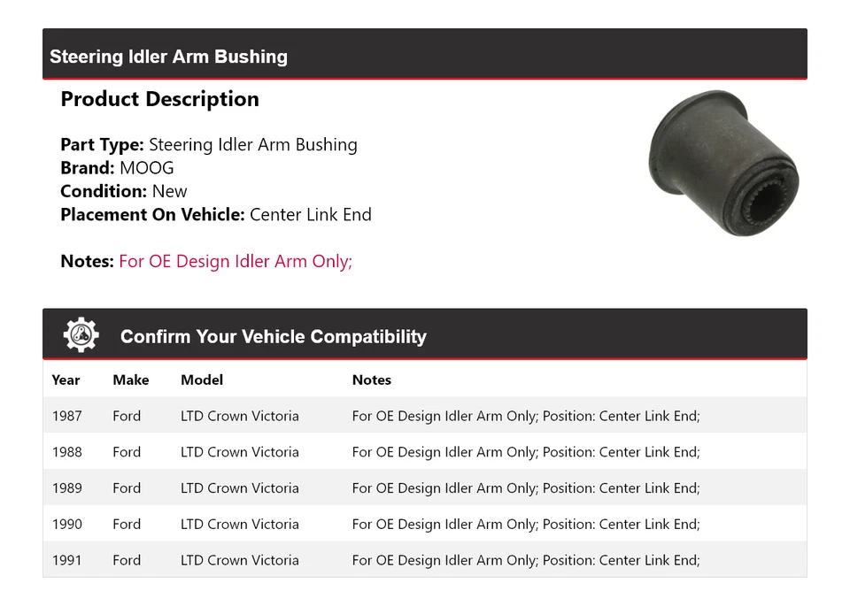 For 1987-1991 Ford LTD Crown Victoria Steering Idler Arm Bushing MOOG 1987 1988 - Image 2 of 4