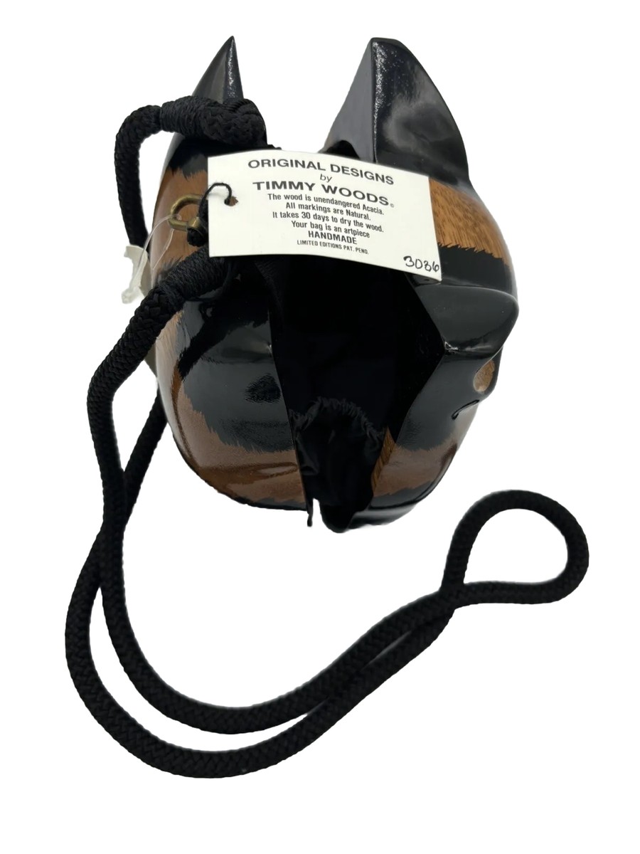Designer Timmy Woods of Beverly Hills Calico Cat Acacia Wood Purse