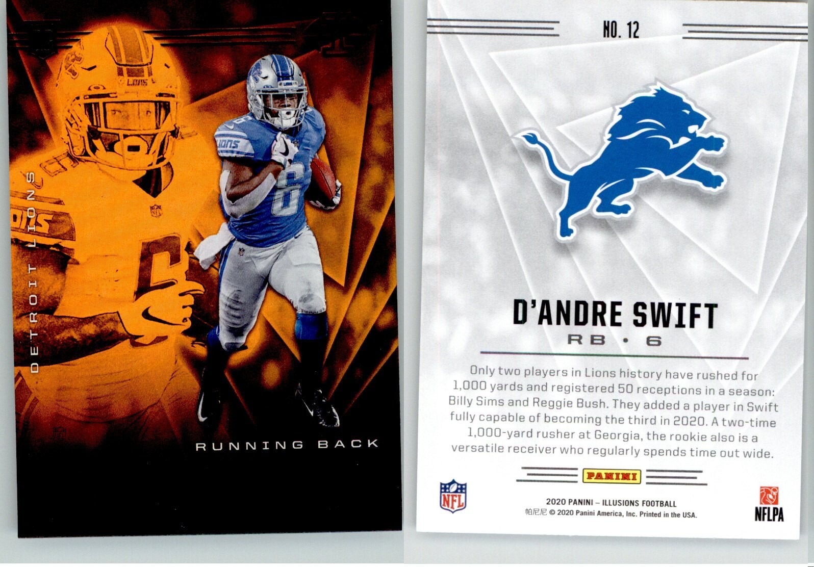D'Andre Swift 2020 Panini Illusions Trophy Collection Orange #12 Rookie RC Lions