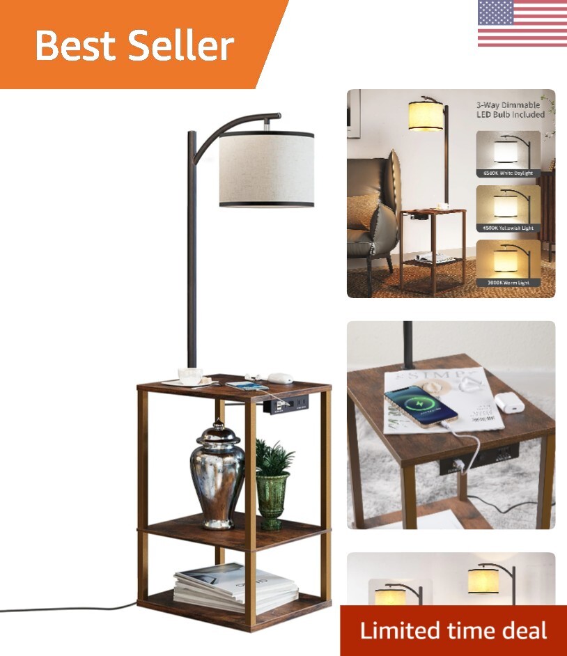 Country Rustic Lamp Table with LED Bulb and USB Charging Ports