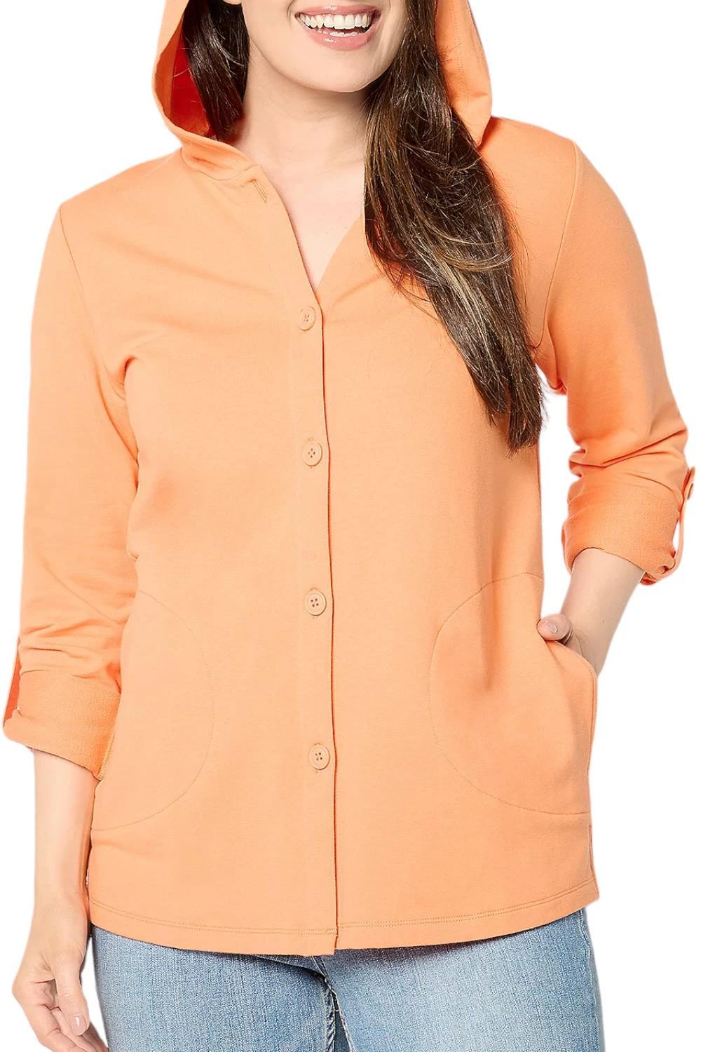 Denim & Co. Women's Beach French Terry Sleeve Hooded Jacket Apricot