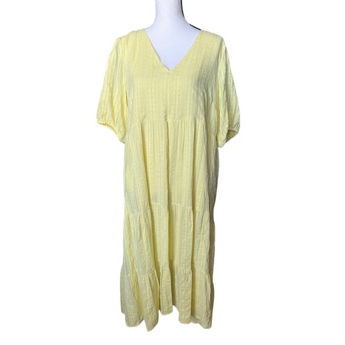 J. Jill Women's Large Yellow Pineapple Jacquard Tiered V Neck Cotton Rayon Dress - Picture 2 of 8