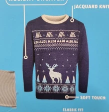 Aldi Gear Christmas Sweater Holiday Light LARGE L 2023 Dark BLUE W/ LOGO