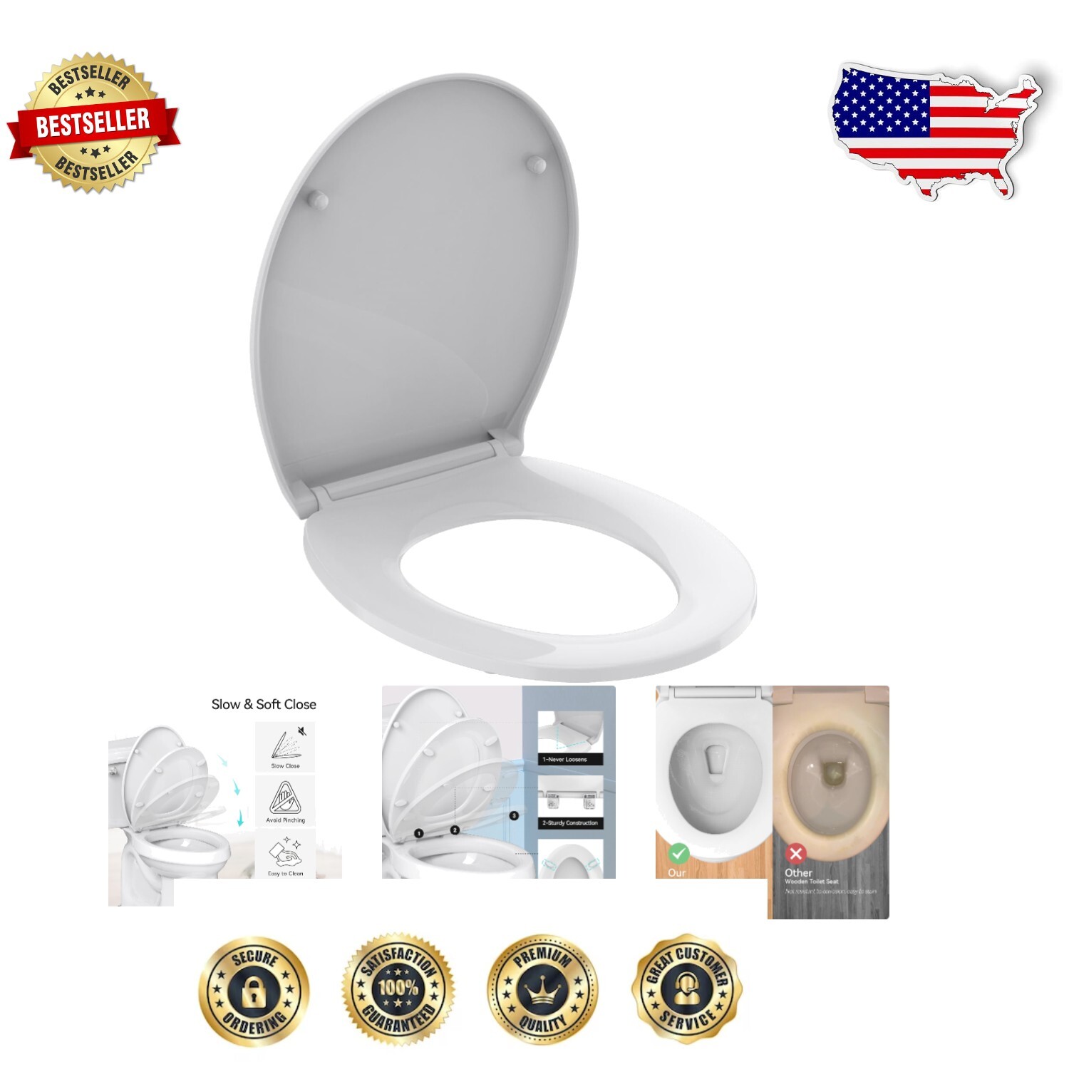 Durable Round Toilet Seat with no-slam Feature & Quick-Detach for Easy Cleaning
