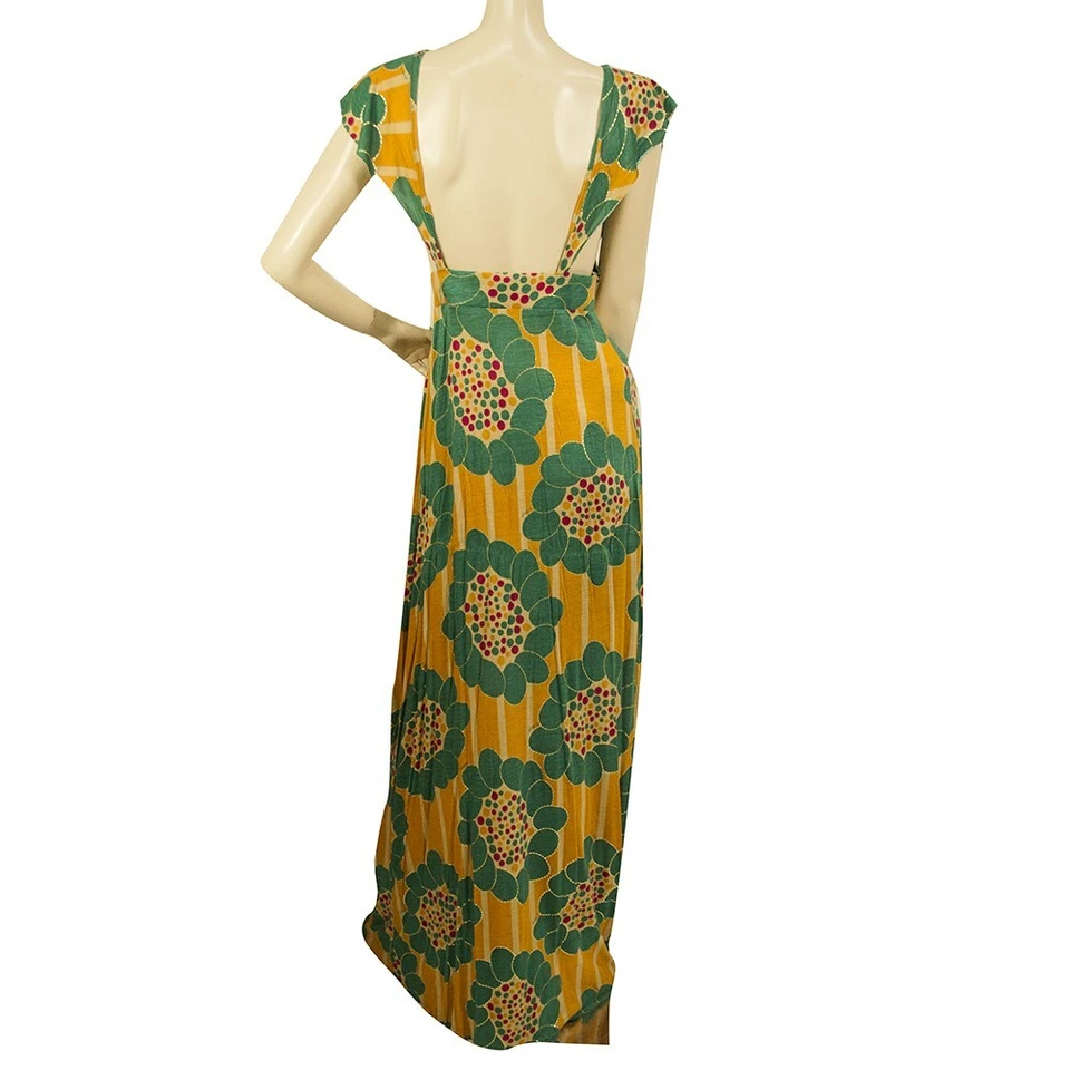 Maxi Vestido T-Bags Los Angeles Floral Amarillo Teal Jersey Espalda Abierta Talla M Foto 2 de 4