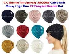 C.C BeanieTail Sparkly Sequin Cable Knit Messy High Bun CC Ponytail Beanie Hat