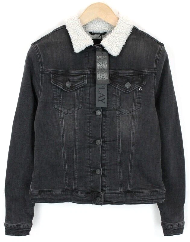 REPLAY S Women Jacket Padded Sherpa-Lined Denim Black Washed Button-Front |  eBay
