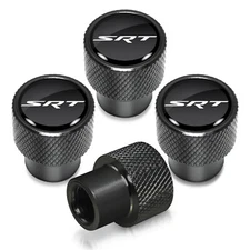 SRT Logo in Black on Black Aluminum Tire Valve Stem Caps for Dodge Jeep