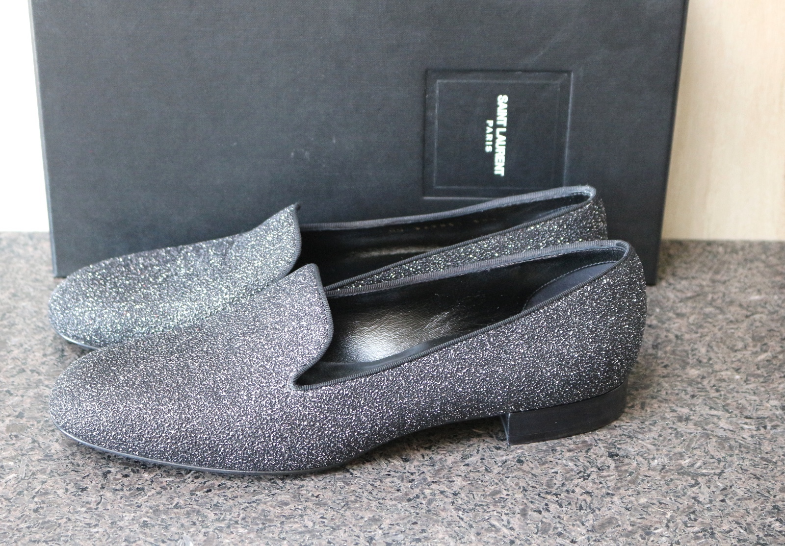SCARPE PIATTE SMOKING NUOVE CON SCATOLA YSL SAINT LAURENT PARIS ZUCCHERO CHANGY BLK LUNA GLITTER 38 5