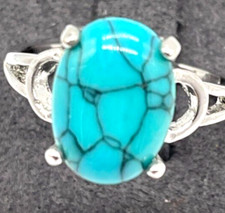 Ring Silver Tone Large Aqua BlueTurquoise. Size 10
