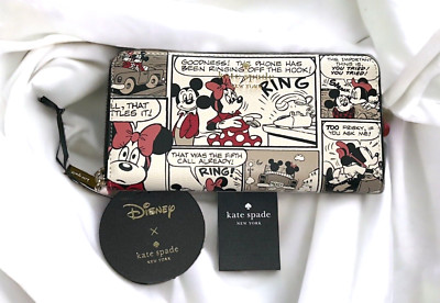 Kate Spade Mickey Minnie Comic Strip Accordion White Leather Zip Clutch Wallet
