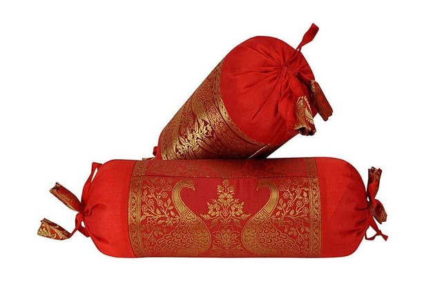 Bolster Pillow Covers Floral Brocade Sofa Silk Cylinder Neck Roll