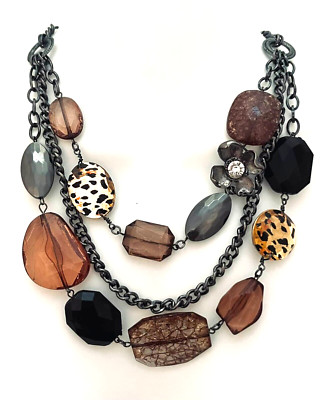 Statement Necklace Signed NY Flower Animal Print Brown Black Beads Triple Chain