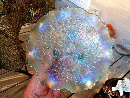 NORTHWOOD ICE BLUE POINSETTIA & LATTICE FOOTED RUFFLED BOWL w/SUPER IRIDESCENCE - Picture 4 of 9