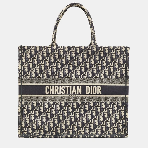 Grand sac fourre tout Dior bleu marine oblique en toile brodée