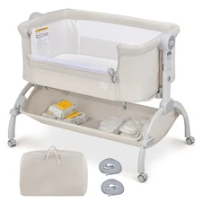 Baby Bassinet, 3-in-1 Rocking Bassinet w/Storage Basket, Double-Lock Design, ...