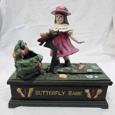 Vintage Cast Iron Butterfly Bank Coin Catcher Floral Garden Mechanical Metal 
