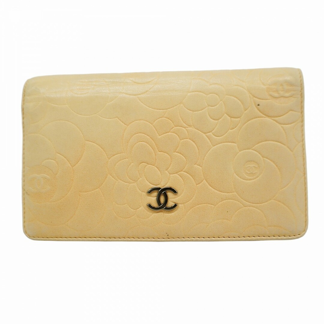 5Gd4320-H Chanel Long Wallet Camellia Lambskin Pink Beige Silver Hardware Used W