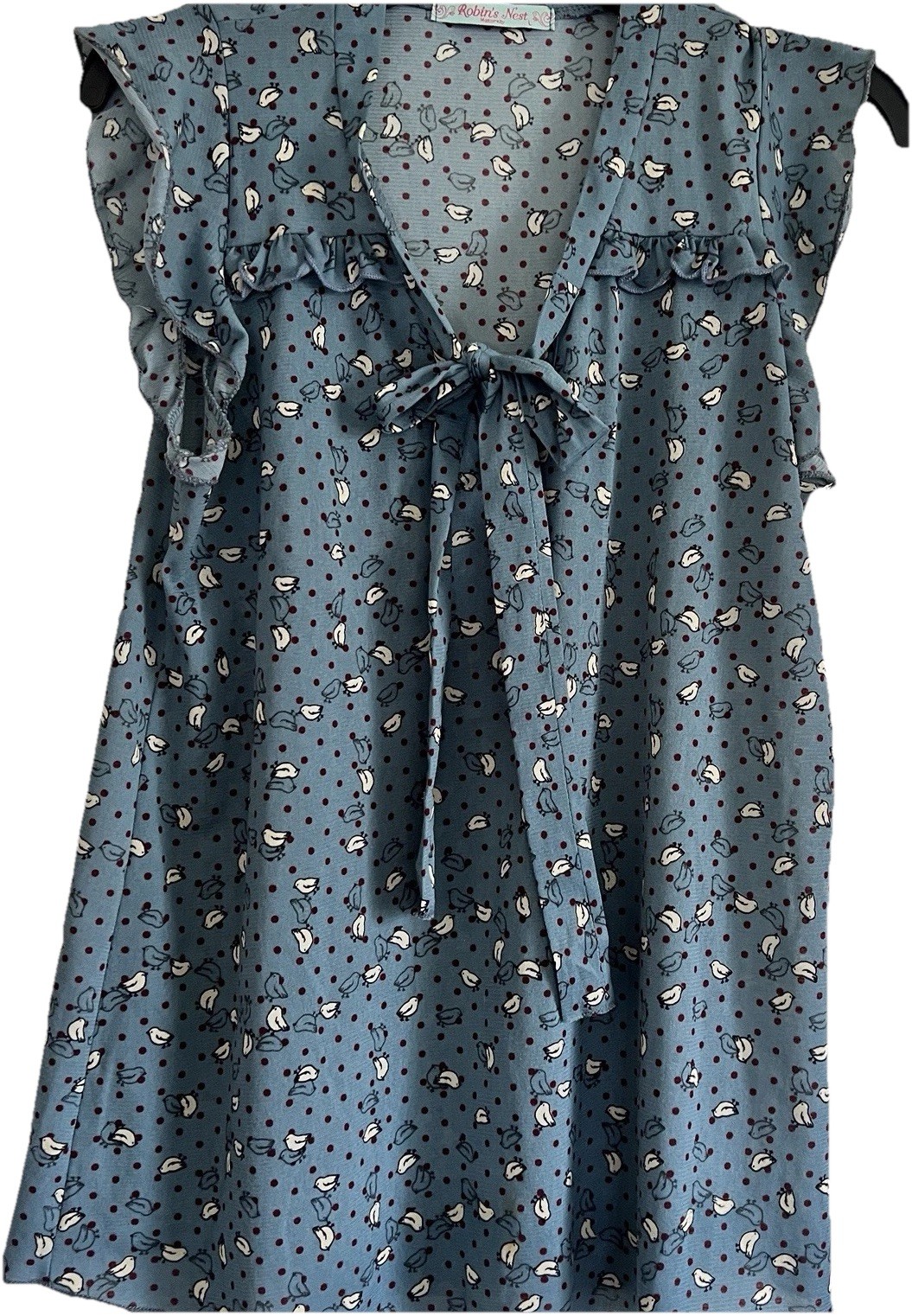 Robins Nest Blue Maternity Women’s blouse Large Neck Tie Chicken Bird Print Dots