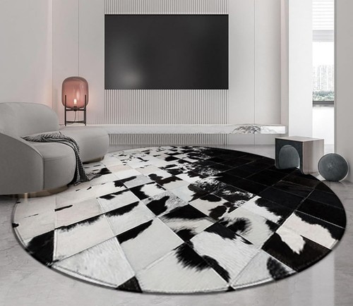 Hand Woven Natural Cowhide Hair on Patch Work Leather Modern Carpet Room A39 - Picture 2 of 7