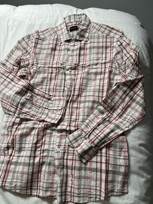 Ermenegildo Zegna Men's M Linen Blend Button Up Shirt Ruby/Brown/White Plaid