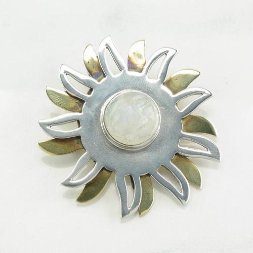 Mexikanische Sterling Silber Brosche Anhänger zweifarbig Sonne, geschnitzter Mondstein - Bild 2 von 6