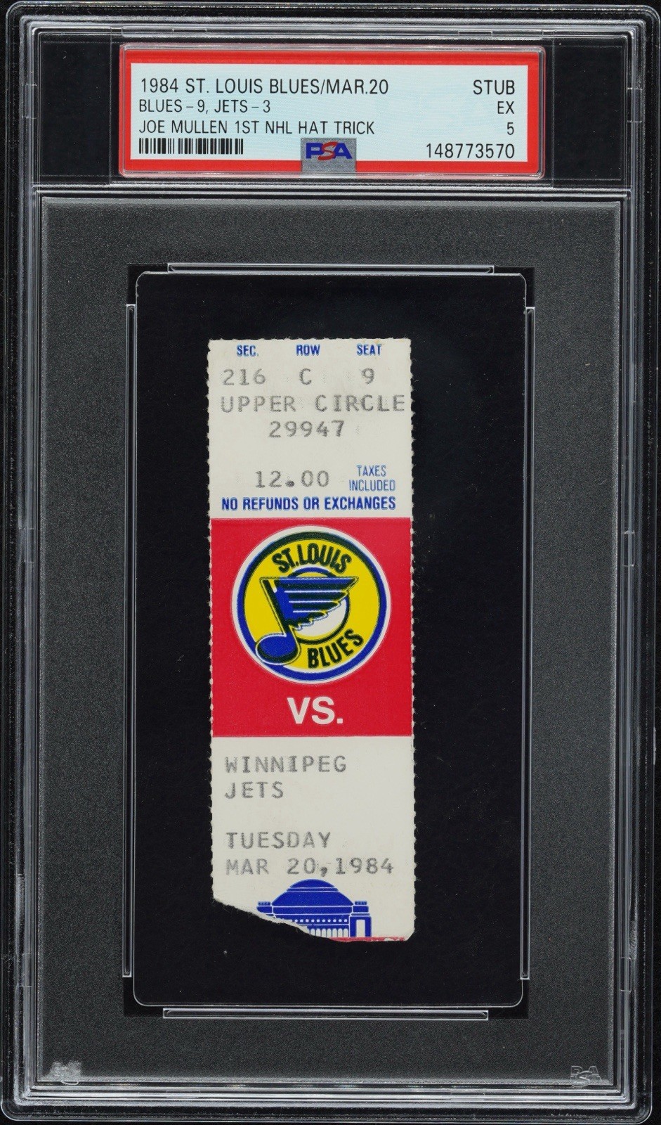 HOF Joe Mullen 1st Career Hat Trick, PSA 5, 3/20/84 Ticket Stub, Highest Grade!