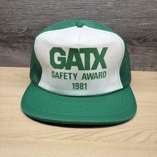 Vintage GATX Safety Award Hat Cap Snap Back Green White Mesh Trucker Mens 80s