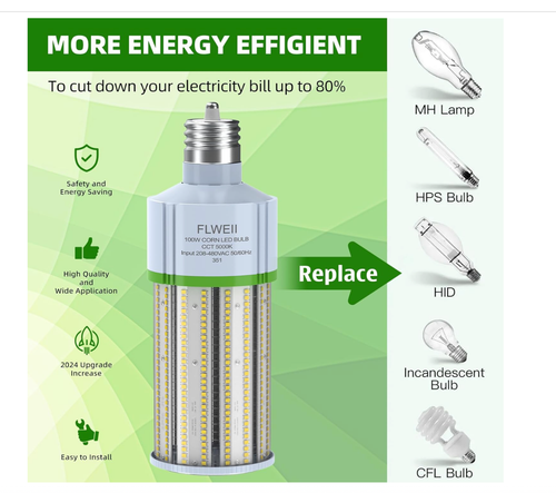 2-Pack LED Corn Light Bulb, 208-480V 100W E39 Mogul Base 5000K,14000 LM Replacem - Picture 7 of 10